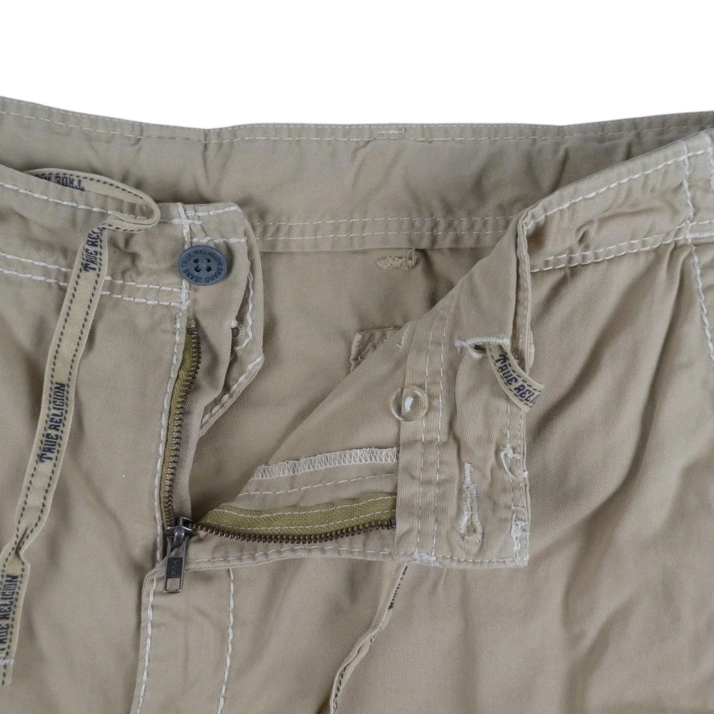 True Religion Shorts Mens 50 Tan Cargo Cotton Drawstring Flap Pocket Utility EUC